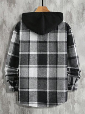 Manfinity CasualCool قميص جاكيت برقبة هودي بأكمام طويلة وجيب واحد من الفلانيل المخطط، مريح للرجال، مناسب للخريف/الشتاء، مناسب للعطلات والحفلات والمكتب والمواعدة، بتصميم بسيط ومتعدد الاستخدامات، أنيق وعصري بطراز كلاسيكي، مناسب للارتداء الشخصي أو كهدية