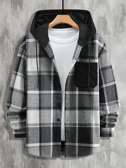 Manfinity CasualCool قميص جاكيت برقبة هودي بأكمام طويلة وجيب واحد من الفلانيل المخطط، مريح للرجال، مناسب للخريف/الشتاء، مناسب للعطلات والحفلات والمكتب والمواعدة، بتصميم بسيط ومتعدد الاستخدامات، أنيق وعصري بطراز كلاسيكي، مناسب للارتداء الشخصي أو كهدية