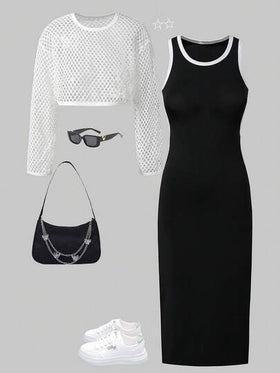 SHEIN ChillGRL معطف قصير مفرغ عصري للفتيات المراهقات، مقترن مع فستان محبوك مناسب، ملائم وراحة للربيع والصيف والخريف، مناسب للارتداء اليومي والتنقل والأنشطة الخارجية والتجمعات وجلسات التصوير