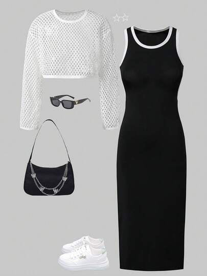 SHEIN ChillGRL معطف قصير مفرغ عصري للفتيات المراهقات، مقترن مع فستان محبوك مناسب، ملائم وراحة للربيع والصيف والخريف، مناسب للارتداء اليومي والتنقل والأنشطة الخارجية والتجمعات وجلسات التصوير
