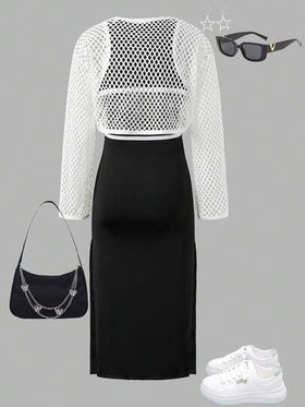 SHEIN ChillGRL معطف قصير مفرغ عصري للفتيات المراهقات، مقترن مع فستان محبوك مناسب، ملائم وراحة للربيع والصيف والخريف، مناسب للارتداء اليومي والتنقل والأنشطة الخارجية والتجمعات وجلسات التصوير