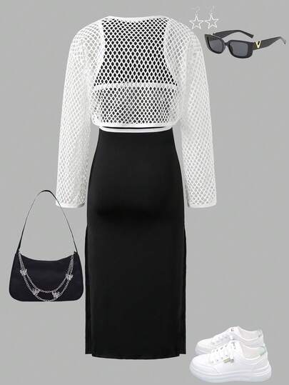 SHEIN ChillGRL معطف قصير مفرغ عصري للفتيات المراهقات، مقترن مع فستان محبوك مناسب، ملائم وراحة للربيع والصيف والخريف، مناسب للارتداء اليومي والتنقل والأنشطة الخارجية والتجمعات وجلسات التصوير