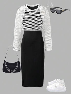 SHEIN ChillGRL معطف قصير مفرغ عصري للفتيات المراهقات، مقترن مع فستان محبوك مناسب، ملائم وراحة للربيع والصيف والخريف، مناسب للارتداء اليومي والتنقل والأنشطة الخارجية والتجمعات وجلسات التصوير