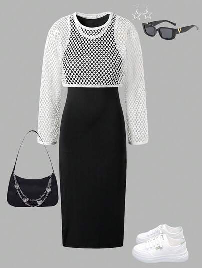 SHEIN ChillGRL معطف قصير مفرغ عصري للفتيات المراهقات، مقترن مع فستان محبوك مناسب، ملائم وراحة للربيع والصيف والخريف، مناسب للارتداء اليومي والتنقل والأنشطة الخارجية والتجمعات وجلسات التصوير