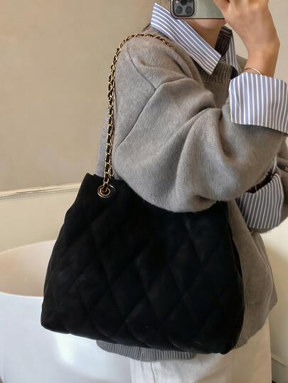 حقيبة يد كبيرة السعة بتصميم أنيق، مبطنة، مقصبة مطرزة، ناعمة، مع سلسلة شتوية قابلة للتحويل لحمل الكتف والجسم للنساء