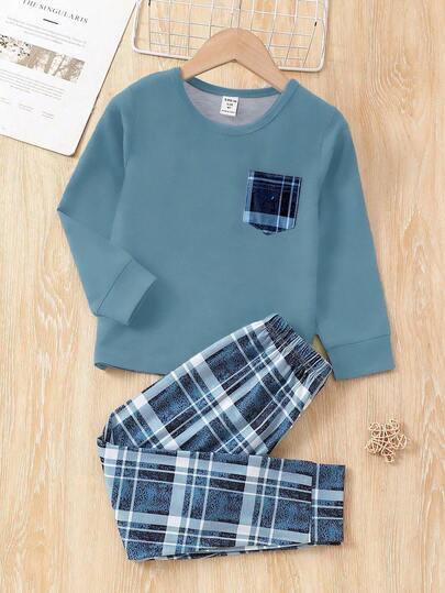 SHEIN Vintaside Kids مجموعة ملابس شبابية 2 قطعة، بنمط مربعات فضفاضة بأكمام طويلة، مناسبة للخروج والعطلات والسفر والاسترخاء والاستجمام تحت الشمس في الصيف
