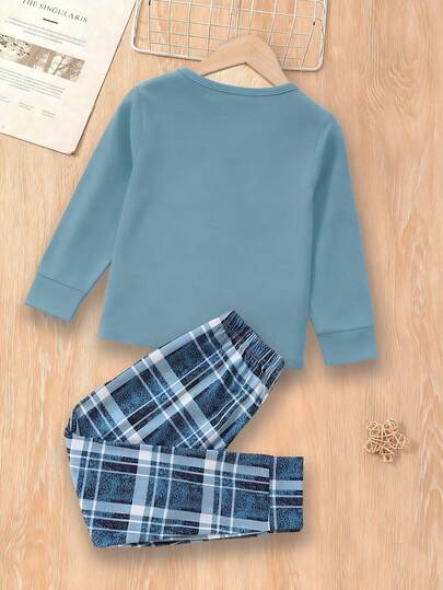SHEIN Vintaside Kids مجموعة ملابس شبابية 2 قطعة، بنمط مربعات فضفاضة بأكمام طويلة، مناسبة للخروج والعطلات والسفر والاسترخاء والاستجمام تحت الشمس في الصيف