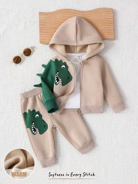 Cozy Pixies مجموعة مكونة من قطعتين للطفل الرضيع الصبي: جاكيت برقبة كابوشون مطبوعة بديناصور وبنطال بخصر مطاطي، مجموعة مكونة من قطعتين للطفل الصغير الصبي: كارديجان بأكمام طويلة برقبة كابوشون وبنطال بخصر مطاطي، مريحة، متعددة الاستخدامات، أنيقة، كاجوال، مناسب