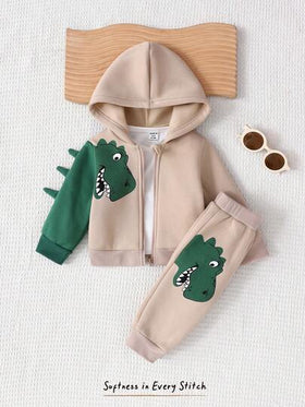 Cozy Pixies مجموعة مكونة من قطعتين للطفل الرضيع الصبي: جاكيت برقبة كابوشون مطبوعة بديناصور وبنطال بخصر مطاطي، مجموعة مكونة من قطعتين للطفل الصغير الصبي: كارديجان بأكمام طويلة برقبة كابوشون وبنطال بخصر مطاطي، مريحة، متعددة الاستخدامات، أنيقة، كاجوال، مناسب