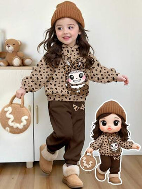 SHEIN Playful Pals مجموعة من قطعتين للفتيات الصغيرات، تتكون من هوديي وبنطلون رياضي، بتصميم عصري وجذاب مزين برسومات الفهد والأرنب، قطع ملابس مريحة ودافئة