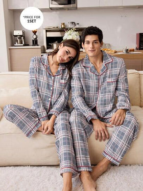 CoupledUp طقم بيجامة رجالي كلاسيكي بتريم متباين الرقعة