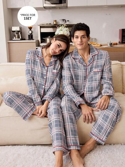 CoupledUp طقم بيجامة رجالي كلاسيكي بتريم متباين الرقعة