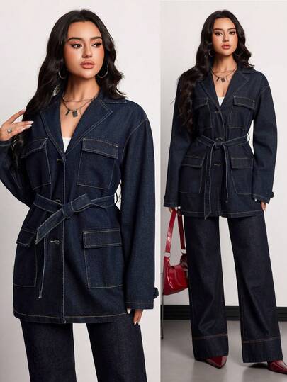 SHEIN Tall معطف جينز كاجوال للنساء ذو ياقة واسعة، أكمام طويلة، أحادي الصدر، متعدد الجيوب، مزود بحزام، مناسب للارتداء اليومي والتنقل، مريح وأنيق للخريف والشتاء