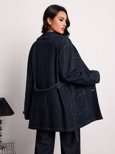 SHEIN Tall معطف جينز كاجوال للنساء ذو ياقة واسعة، أكمام طويلة، أحادي الصدر، متعدد الجيوب، مزود بحزام، مناسب للارتداء اليومي والتنقل، مريح وأنيق للخريف والشتاء