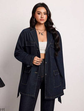 SHEIN Tall معطف جينز كاجوال للنساء ذو ياقة واسعة، أكمام طويلة، أحادي الصدر، متعدد الجيوب، مزود بحزام، مناسب للارتداء اليومي والتنقل، مريح وأنيق للخريف والشتاء