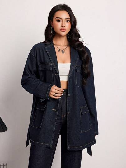 SHEIN Tall معطف جينز كاجوال للنساء ذو ياقة واسعة، أكمام طويلة، أحادي الصدر، متعدد الجيوب، مزود بحزام، مناسب للارتداء اليومي والتنقل، مريح وأنيق للخريف والشتاء