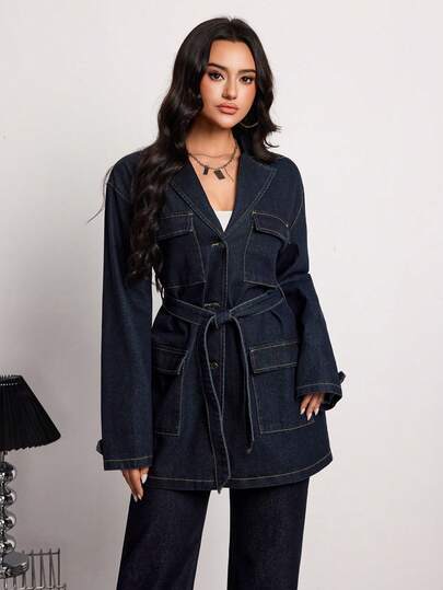 SHEIN Tall معطف جينز كاجوال للنساء ذو ياقة واسعة، أكمام طويلة، أحادي الصدر، متعدد الجيوب، مزود بحزام، مناسب للارتداء اليومي والتنقل، مريح وأنيق للخريف والشتاء