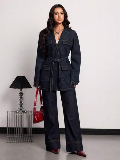 SHEIN Tall معطف جينز كاجوال للنساء ذو ياقة واسعة، أكمام طويلة، أحادي الصدر، متعدد الجيوب، مزود بحزام، مناسب للارتداء اليومي والتنقل، مريح وأنيق للخريف والشتاء