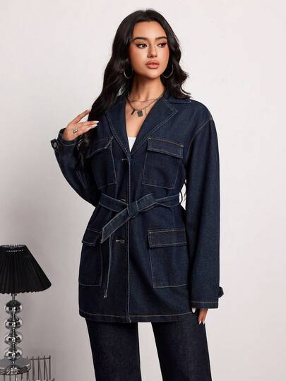 SHEIN Tall معطف جينز كاجوال للنساء ذو ياقة واسعة، أكمام طويلة، أحادي الصدر، متعدد الجيوب، مزود بحزام، مناسب للارتداء اليومي والتنقل، مريح وأنيق للخريف والشتاء