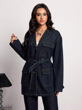 SHEIN Tall معطف جينز كاجوال للنساء ذو ياقة واسعة، أكمام طويلة، أحادي الصدر، متعدد الجيوب، مزود بحزام، مناسب للارتداء اليومي والتنقل، مريح وأنيق للخريف والشتاء