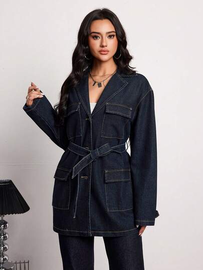 SHEIN Tall معطف جينز كاجوال للنساء ذو ياقة واسعة، أكمام طويلة، أحادي الصدر، متعدد الجيوب، مزود بحزام، مناسب للارتداء اليومي والتنقل، مريح وأنيق للخريف والشتاء