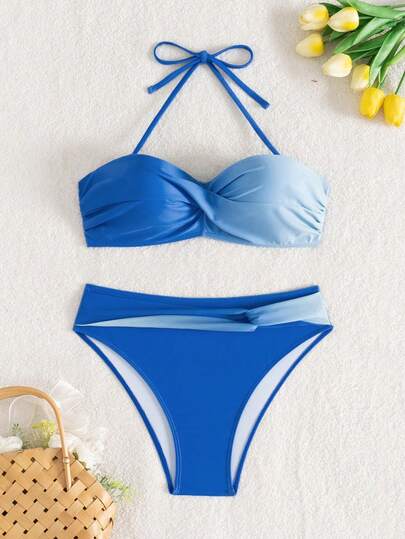 Swim Lushoire 2 قطعة مجموعة بكيني ثلاثية مخطط تصميم أكسفورد للنساء ، ملابس سباحة كاجوال للشاطئ والأجازات الصيفية