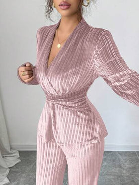 Elenzga طقم جديد أنيق من ملابس علوية طويلة الأكمام بياقة على شكل V وخصر ملتوي مع بنطلون ذو ساق واسعة