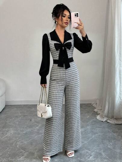 SHEIN Elenzya جمبسوت نسائية أنيقة رومانسية بتصميم رقعي متباين الألوان لتنحيف الخصر