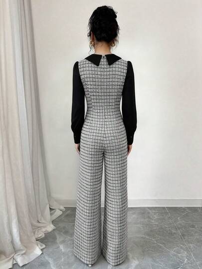 SHEIN Elenzya جمبسوت نسائية أنيقة رومانسية بتصميم رقعي متباين الألوان لتنحيف الخصر