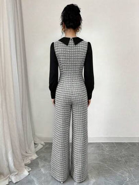SHEIN Elenzya جمبسوت نسائية أنيقة رومانسية بتصميم رقعي متباين الألوان لتنحيف الخصر