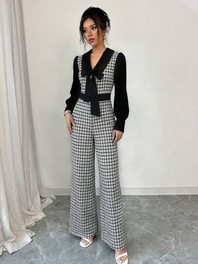 SHEIN Elenzya جمبسوت نسائية أنيقة رومانسية بتصميم رقعي متباين الألوان لتنحيف الخصر