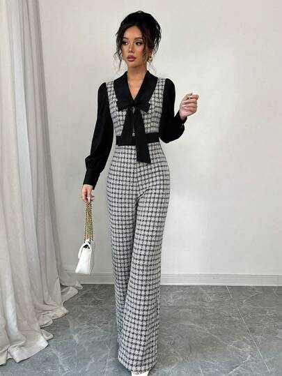 SHEIN Elenzya جمبسوت نسائية أنيقة رومانسية بتصميم رقعي متباين الألوان لتنحيف الخصر