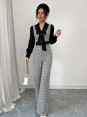 SHEIN Elenzya جمبسوت نسائية أنيقة رومانسية بتصميم رقعي متباين الألوان لتنحيف الخصر