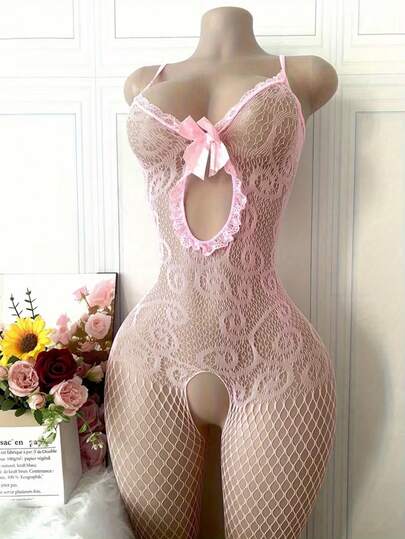 1 قطعة بوديسوت نسائية شبه شفافة وجذابة - مزينة بدانتيل وردي فاتح ناعم، من قماش مطاطي، تصميم الوسط والمنطقة الحساسة، أكمام طويلة وأكتاف منسدلة - مناسبة للمناسبات الرسمية/الحميمة، عيد الحب، شهر العسل - سهلة التنظيف، ملابس نوم رومانسية، رداء أنيق، بنية راقية