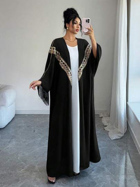 SHEIN Najma رمضان عباية فضفاضة مع أكمام جرس وأطراف مزينة بالترتر والتطريز والشريط