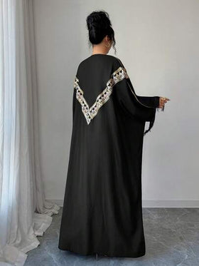 SHEIN Najma رمضان عباية فضفاضة مع أكمام جرس وأطراف مزينة بالترتر والتطريز والشريط