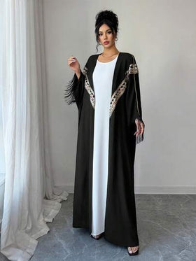 SHEIN Najma رمضان عباية فضفاضة مع أكمام جرس وأطراف مزينة بالترتر والتطريز والشريط