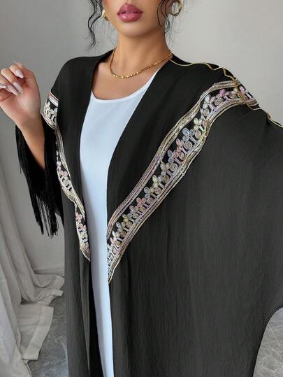 SHEIN Najma رمضان عباية فضفاضة مع أكمام جرس وأطراف مزينة بالترتر والتطريز والشريط