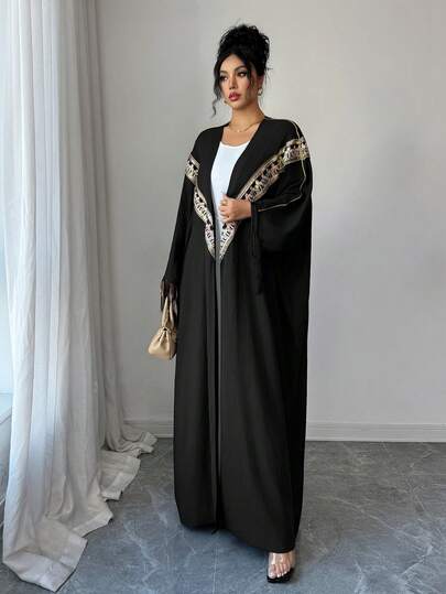 SHEIN Najma رمضان عباية فضفاضة مع أكمام جرس وأطراف مزينة بالترتر والتطريز والشريط