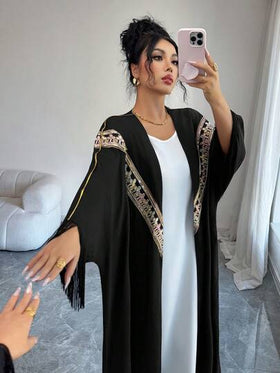 SHEIN Najma رمضان عباية فضفاضة مع أكمام جرس وأطراف مزينة بالترتر والتطريز والشريط
