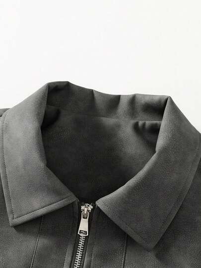 1 قطعة جاكيت جلدية طويلة الأكمام للرجال بسحاب كامل وياقة مطوية، طراز دراجة نارية كاجوال من جلد البولي يوريثان للربيع والخريف