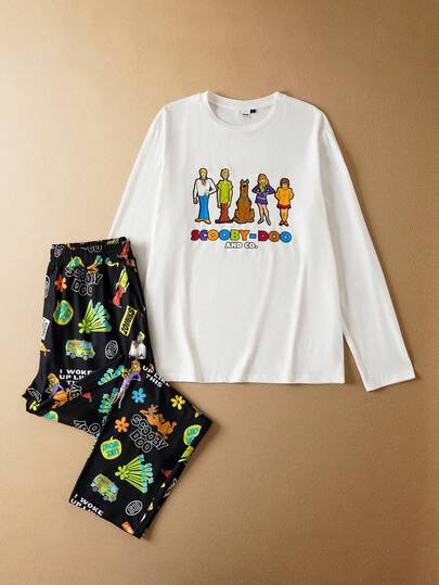 SCOOBY-DOO X SHEIN مجموعة بيجامة للرجال تتكون من قميص كاجوال بأكمام طويلة مطبوع برسوم كرتونية وبنطلون مطبوع بالكامل، قطعتان