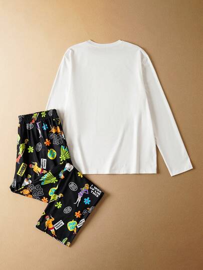 SCOOBY-DOO X SHEIN مجموعة بيجامة للرجال تتكون من قميص كاجوال بأكمام طويلة مطبوع برسوم كرتونية وبنطلون مطبوع بالكامل، قطعتان