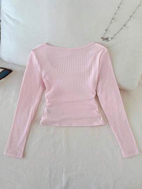 SHEIN قميص كاجوال بأكمام طويلة وياقة طاقم للبنات المراهقات، بتصميم ضيق مريح من الأقمشة المحبوكة بشكل ملائم وبألوان سادة