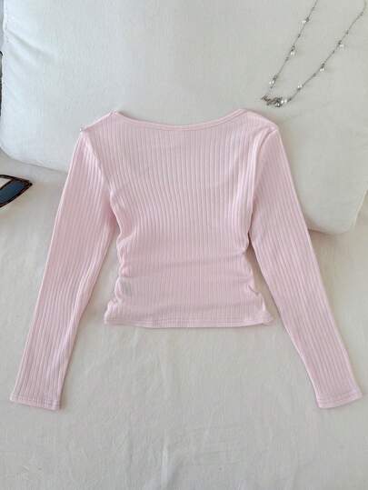 SHEIN قميص كاجوال بأكمام طويلة وياقة طاقم للبنات المراهقات، بتصميم ضيق مريح من الأقمشة المحبوكة بشكل ملائم وبألوان سادة