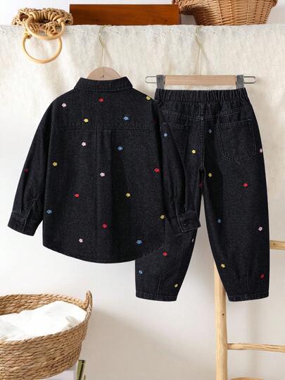 طقم جينز للفتيات الصغيرات، موضة جديدة مخصصة بطراز حلو وكلاسيكي، سراويل جينز فضفاضة بتطريز نقاط ملونة، بتصميم أسود مغسول وساق مستقيمة، طقم جينز بأسلوب عطلة نهاية الأسبوع الكاجوال للسيدات