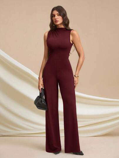 SHEIN Tall جمبسوت أنيقة بدون أكمام مطوية باللون الأسود الداكن، جذابة وعملية للارتداء اليومي، المواعيد، الخروجات، الحفلات، التجمعات - جمبسوت ذات ساق واسعة غير متماثلة، مناسبة لعيد الحب، الارتداء اليومي، النساء الطويلات