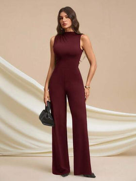 SHEIN Tall جمبسوت أنيقة بدون أكمام مطوية باللون الأسود الداكن، جذابة وعملية للارتداء اليومي، المواعيد، الخروجات، الحفلات، التجمعات - جمبسوت ذات ساق واسعة غير متماثلة، مناسبة لعيد الحب، الارتداء اليومي، النساء الطويلات