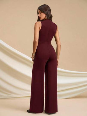 SHEIN Tall جمبسوت أنيقة بدون أكمام مطوية باللون الأسود الداكن، جذابة وعملية للارتداء اليومي، المواعيد، الخروجات، الحفلات، التجمعات - جمبسوت ذات ساق واسعة غير متماثلة، مناسبة لعيد الحب، الارتداء اليومي، النساء الطويلات