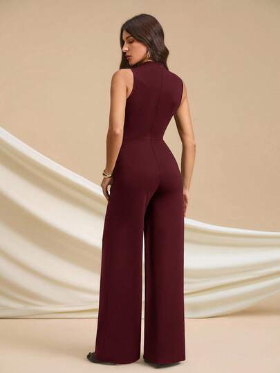SHEIN Tall جمبسوت أنيقة بدون أكمام مطوية باللون الأسود الداكن، جذابة وعملية للارتداء اليومي، المواعيد، الخروجات، الحفلات، التجمعات - جمبسوت ذات ساق واسعة غير متماثلة، مناسبة لعيد الحب، الارتداء اليومي، النساء الطويلات